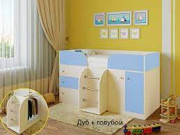 Кровать-чердак Малыш-4 Дуб молочный/Голубой в Среднеколымске - srednekolymsk.mebel54.com | фото