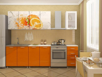 Кухонный гарнитур 1,6м Апельсин (Белый/Оранжевый металлик/Фотопечать апельсин) в Среднеколымске - srednekolymsk.mebel54.com | фото
